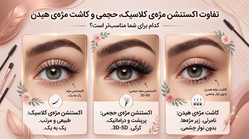 تفاوت اکستنشن مژه‌ی کلاسیک، حجمی و کاشت مژه‌ی هیدن؛ کدام برای شما مناسب‌تر است؟